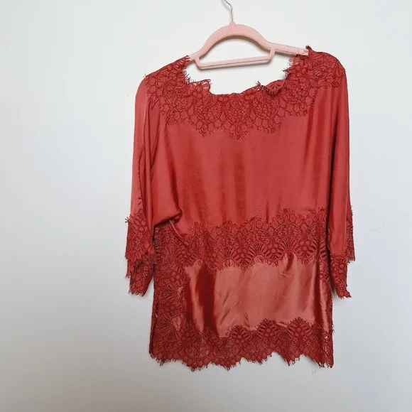 Anthropologie Moulinette Soeurs Coral Satin and Lace Bell Sleeve Blouse Medium - Picture 3 of 12